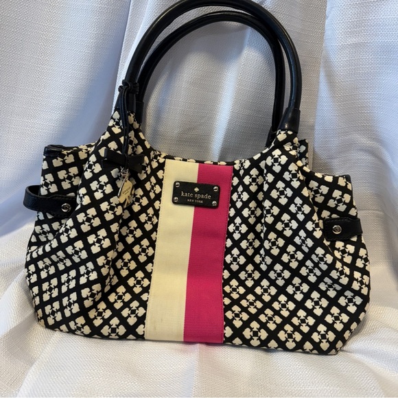 kate spade Handbags - Kate Spade Stevie Jacquard Shoulder Bag Black Pink White Rare Classic Tote